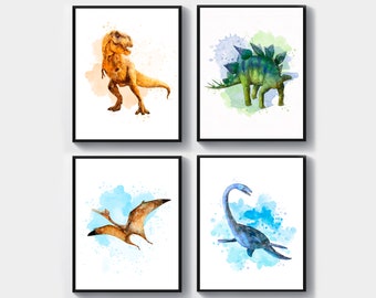 Dinosaurs Watercolor Art Jurassic Theme Art T-Rex Stegosaurus Pterosaur Dinosaur Wall Decor Dino Poster Kids Room Decor Nursery Printable