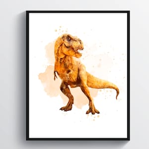 May include: A watercolor painting of a Tyrannosaurus Rex dinosaur in a yellow-orange color. The dinosaur is standing on a light orange watercolor background with white splatters.
