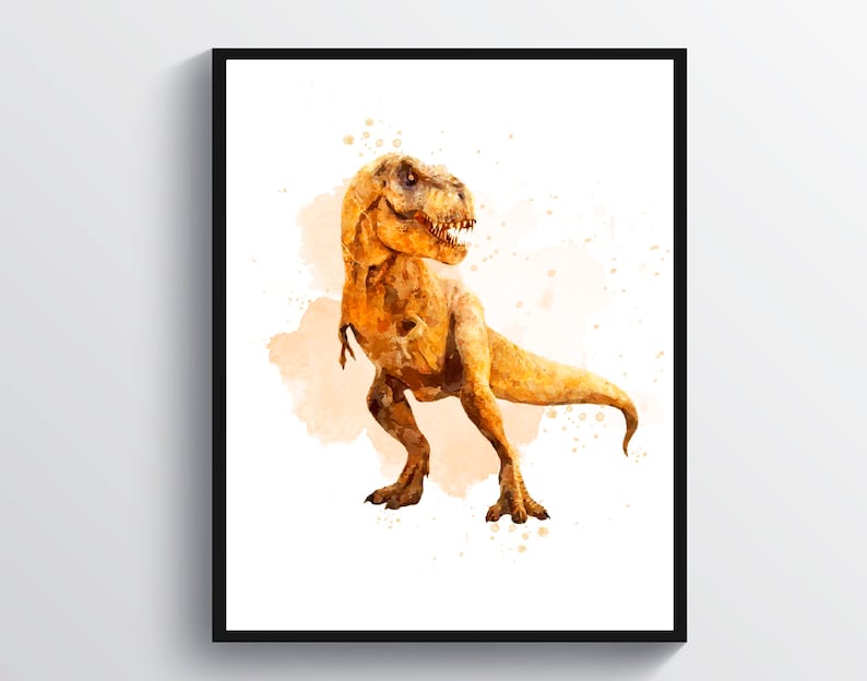 May include: A watercolor painting of a Tyrannosaurus Rex dinosaur in a yellow-orange color. The dinosaur is standing on a light orange watercolor background with white splatters.