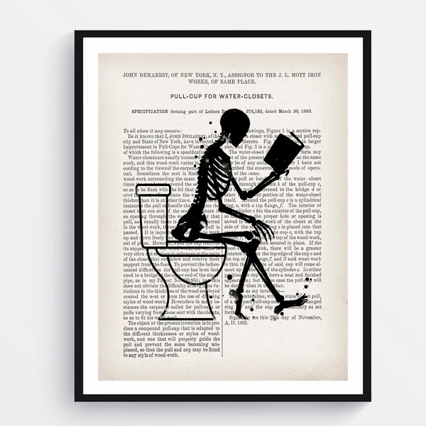 Restroom Decor Bathroom Art Skeleton Toilet Art Toilet Bowl Art Plumbing Art Water Closet Art Dictionary Art Funny Gift Humorous Artwork