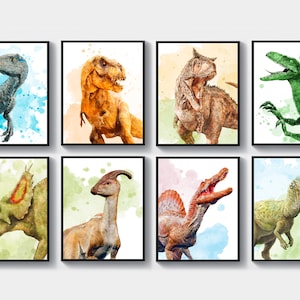 Dinosaur Art Set of 8 Giant Animal Poster Tyrannosaurus Velociraptor Spinosaurus Wall Art Jurassic Art Gift for Boys Child Bedroom Decor