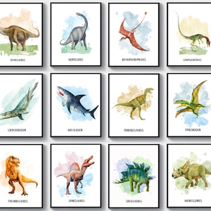 Dinosaur Art Set 12 Jurassic Dinosaurs Names Print Watercolor Dinosaurs Painting T-Rex Print Dinosaur Poster Kids Room Decor Dino Lover Gift