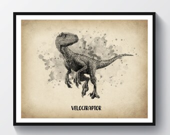 Vintage Dinosaur Art Velociraptor Artwork Giant Animal Poster Dinosaur Wall Decor Kids Room Decor Dinosaur Lover Gift Biology Art