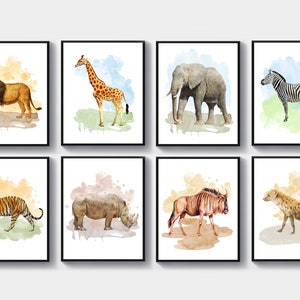 Safari Animals Watercolor Print Set of 8, Watercolor Animals, Lion, Tiger, Elephant, Giraffe, Zebra Decor, Kids Room Art, Nursery Printable