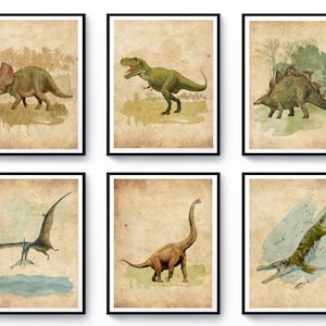 6 Dinosaur Vintage Illustrations Watercolor Jurassic Dinosaurs Art Tyrannosaurus T-Rex Stegosaurus Triceratops Kids Room Decor Gift for Boys