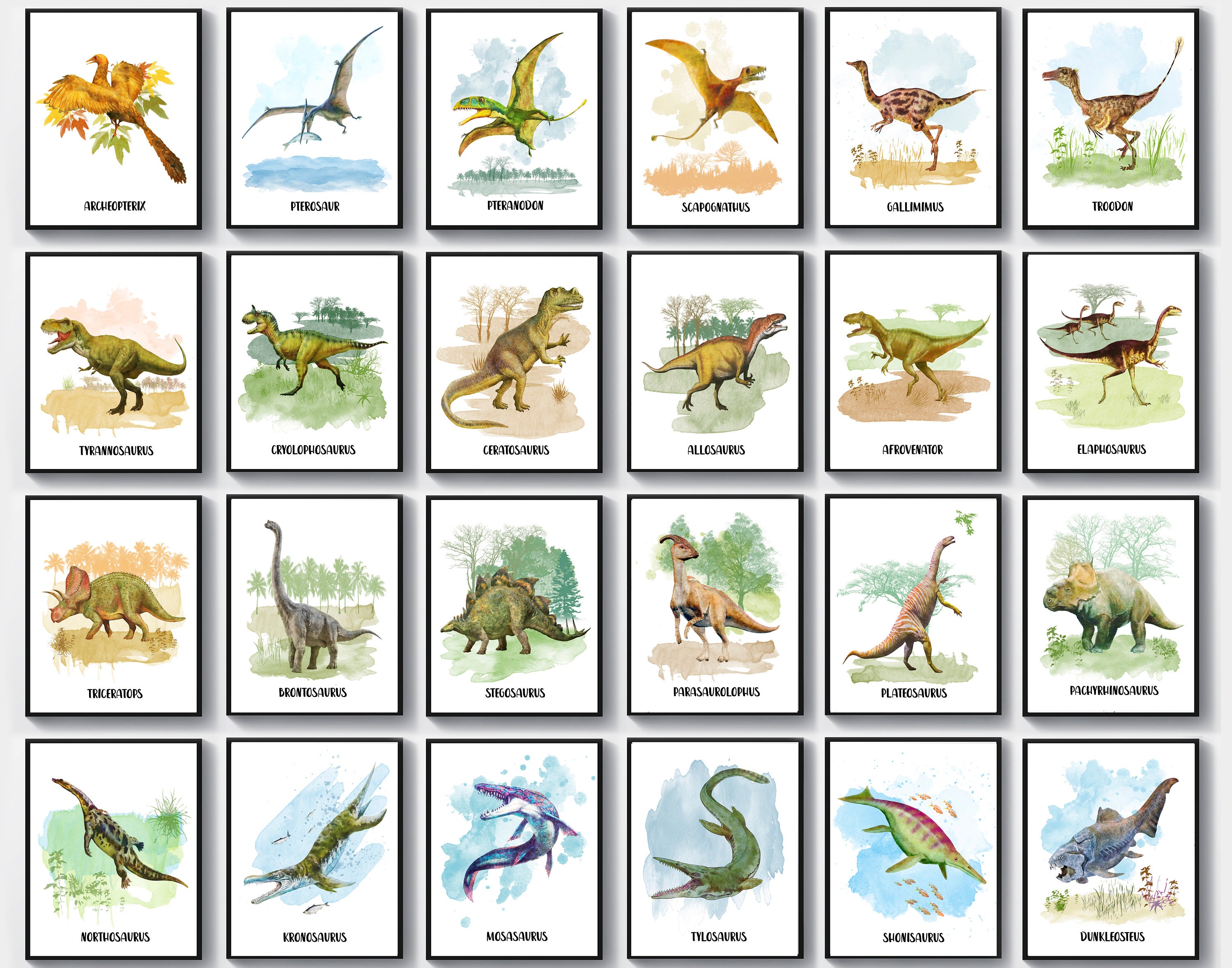 Dinosaur With Names Print Set Dinosaur Watercolor Poster Etsy Uk