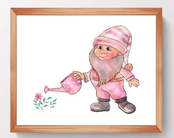 Gnome with Watering Can Art Gnome Artwork Gnome Watercolor Hand Drawn Art Gnome Drawing Kids Room Decor Nursery Printable Art