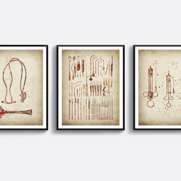 3 Vintage Doctor Instruments Art, Retro Stethoscope Art, Surgical Tools Poster, Antique Syringe Drawing, Doctor Graduation, Nurse Gift