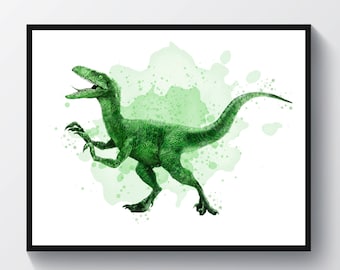 Dinosaur Art, Watercolor Velociraptor Art, Raptor Poster, Dinosaur Wall Decor, Kids Room Decor, Nursery Printable Art