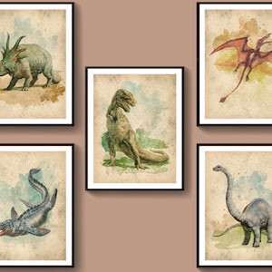 Extinct Dinosaur Vintage Poster T-Rex Styracosaurus Tylosaurus Rhamphorhynchus Brontosaurus Decor Jurassic Period Animals Poster Science Art