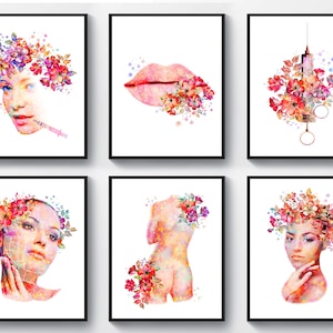 Puede incluir: Seis acuarelas que representan un rostro de mujer con flores, un par de labios con flores, una jeringa con flores, la espalda de una mujer con flores, un rostro de mujer con flores y un rostro de mujer con flores.