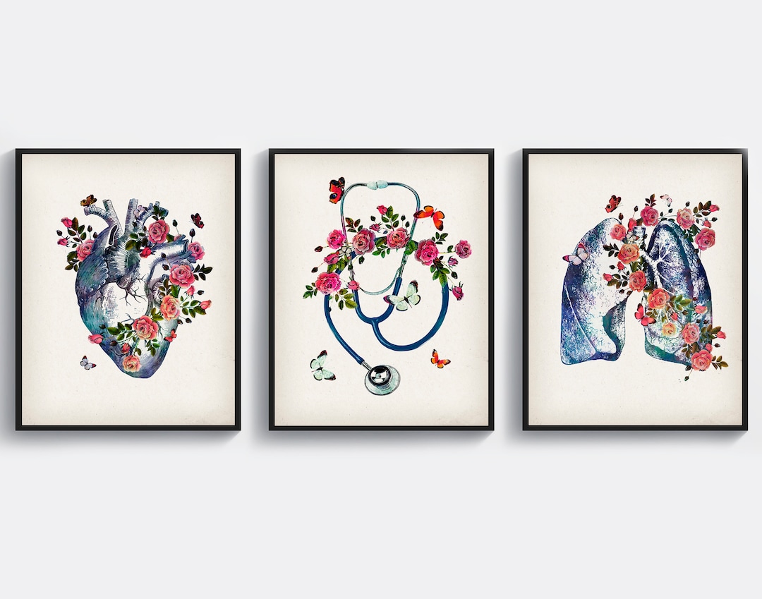 3 Vintage Anatomy Art Doctor Decor Anatomical Heart Art Lungs and Roses ...