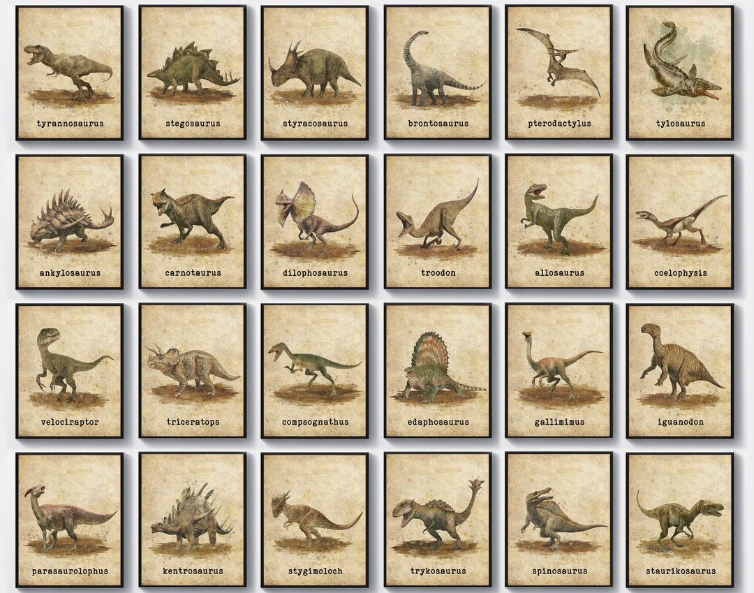 24 Vintage Dinosaurs Names Art Mesozoic Dinosaur Types Posters ...