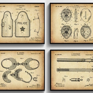 4 Vintage Police Patent Posters Policeman Equipment Blueprint Constable Gift Patrolman Gift Detective Office Decor Gift for Boss