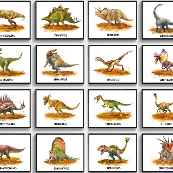 16 Dinosaurs with Names Watercolor Art Prints Dinosaur Types Poster Dinosaur Hand Painting Jurassic World Art T-Rex Stegosaurus Wall Decor