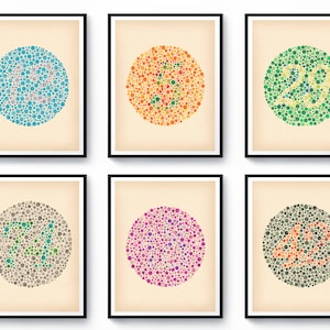 Set 6 Vintage Ishihara Test Medizinische Kunst Farbenblindheitstest Farbmangel-Sehkrafttest Optometrist Geschenk Optiker Geschenk Augenklink Dekor