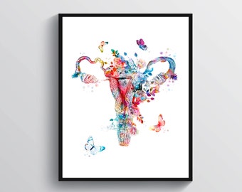 Op de afbeelding: Een aquarel-illustratie van een vrouwelijk voortplantingssysteem met bloemen en vlinders. De illustratie is in tinten roze, blauw, groen en paars.