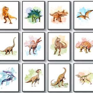 Watercolor Dinosaur Art Set of 12, Jurassic Animals, T-rex, Triceratops, Stegosaurus, Brontosaurus, Spinosaurus, Pterosaurus, Mosasaurus