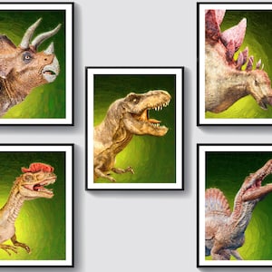 5 Dinosaurs Art Biology Oil Painting Animal Art Tyrannosaurus Rex Spinosaurus Stegosaurus Dilophosaurus Triceratops Art Kids Room Decor