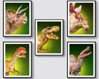 5 Dinosaurs Art Biology Oil Painting Animal Art Tyrannosaurus Rex Spinosaurus Stegosaurus Dilophosaurus Triceratops Art Kids Room Decor