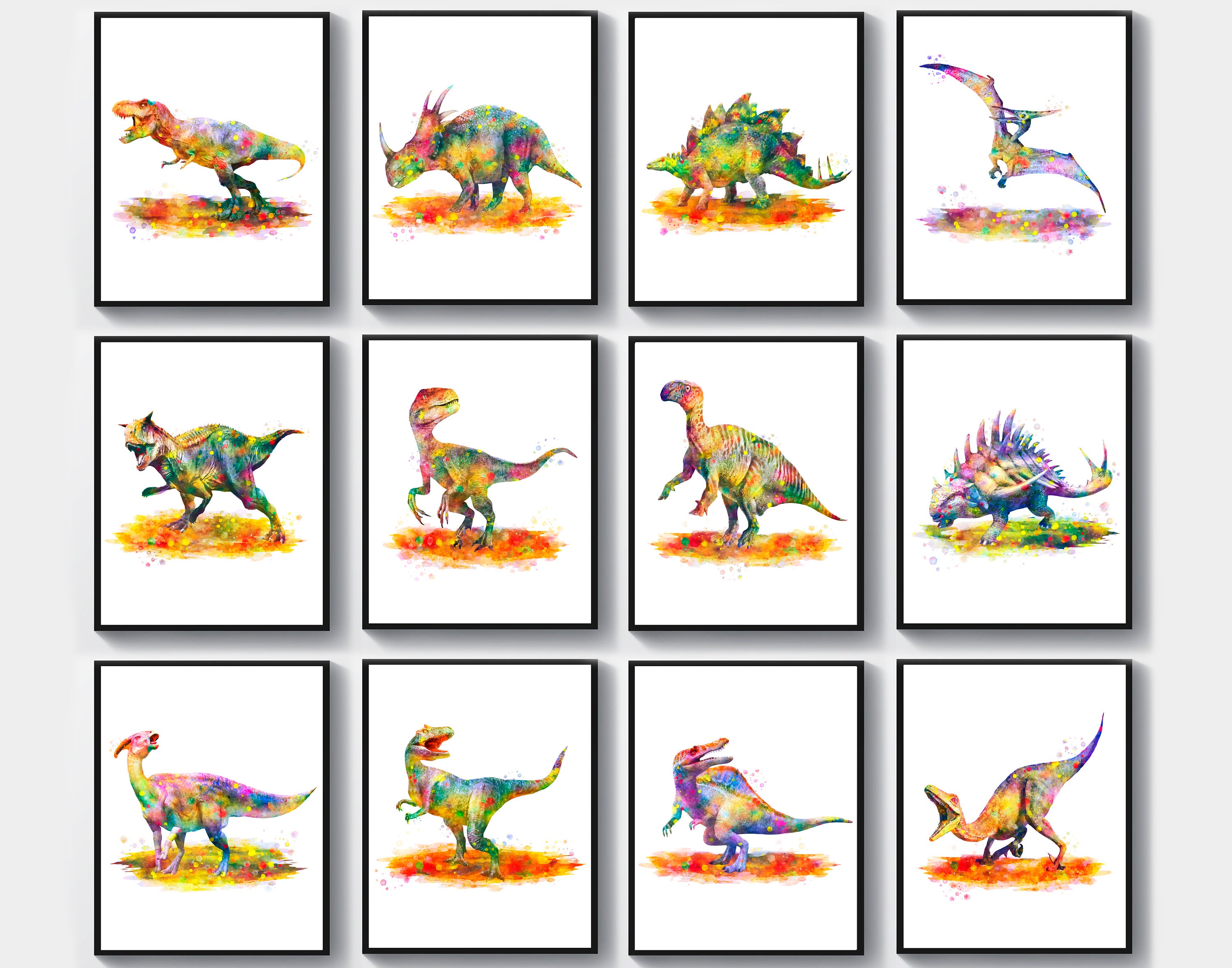 12 Rainbow Dinosaurs Watercolor Art Jurassic Animals Art TRex Stegosaurus Boys Room Decor Dinosaur Party Decoration Boys Birthday Idea