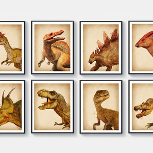 Dinosaur wall decor, Set of 8, Boys room decor, Carnivorous dinosaur poster, Dinosaur drawing, Tyrannosaurus, Styrakosaurus, Velociraptor