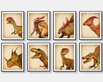 Op de afbeelding: Set van acht vintage-stijl dinosaurus illustraties in zwarte frames. Elke illustratie toont een andere dinosaurussoort, waaronder een Tyrannosaurus Rex, een Triceratops, een Stegosaurus en een Velociraptor.