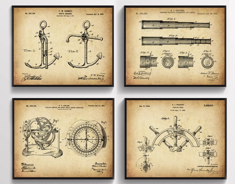4 Nautical Art Decor Sailing Poster Sailor Gift Vintage Patent Anchor ...