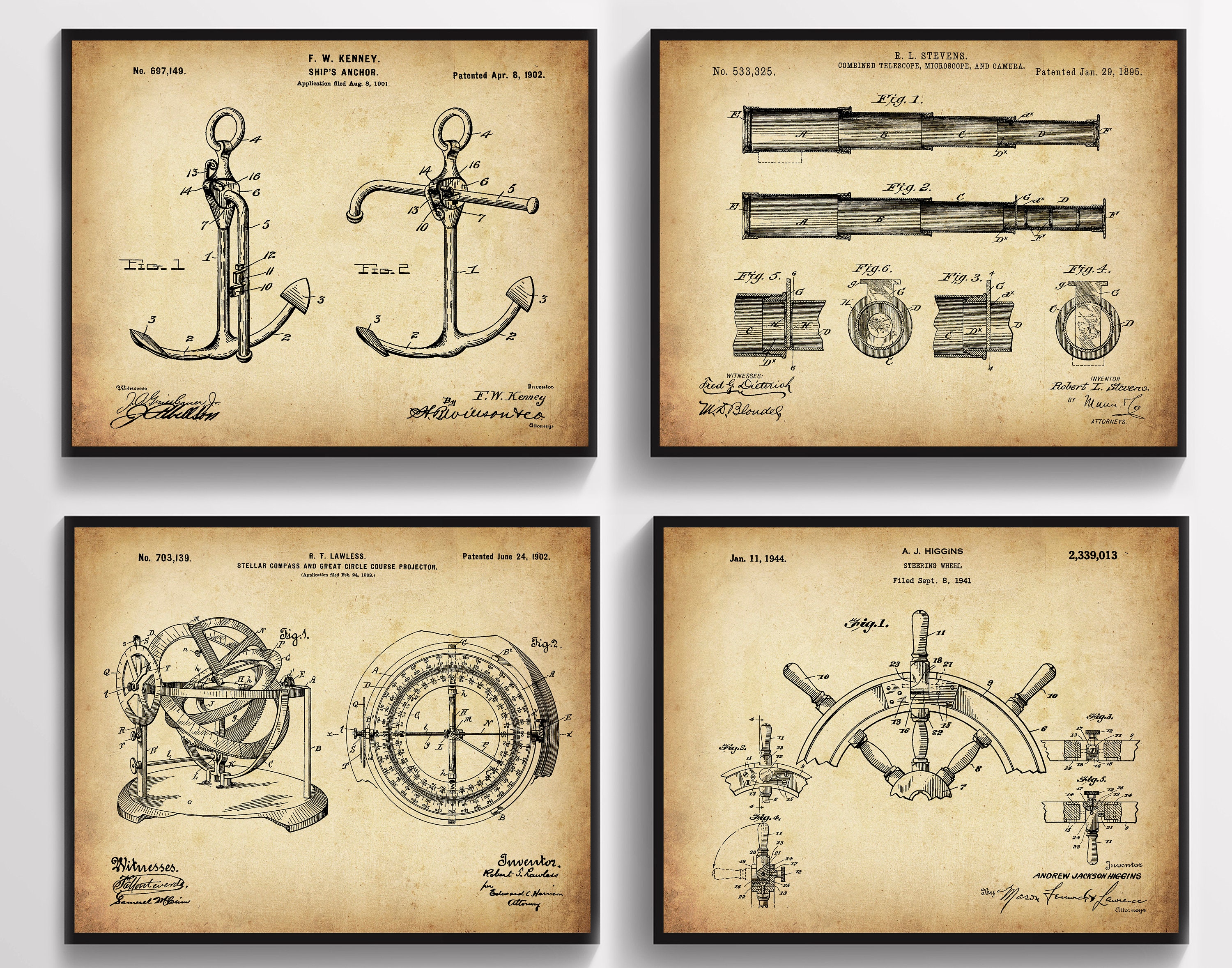 4 Nautical Art Decor Sailing Poster Sailor Gift Vintage Patent Anchor ...