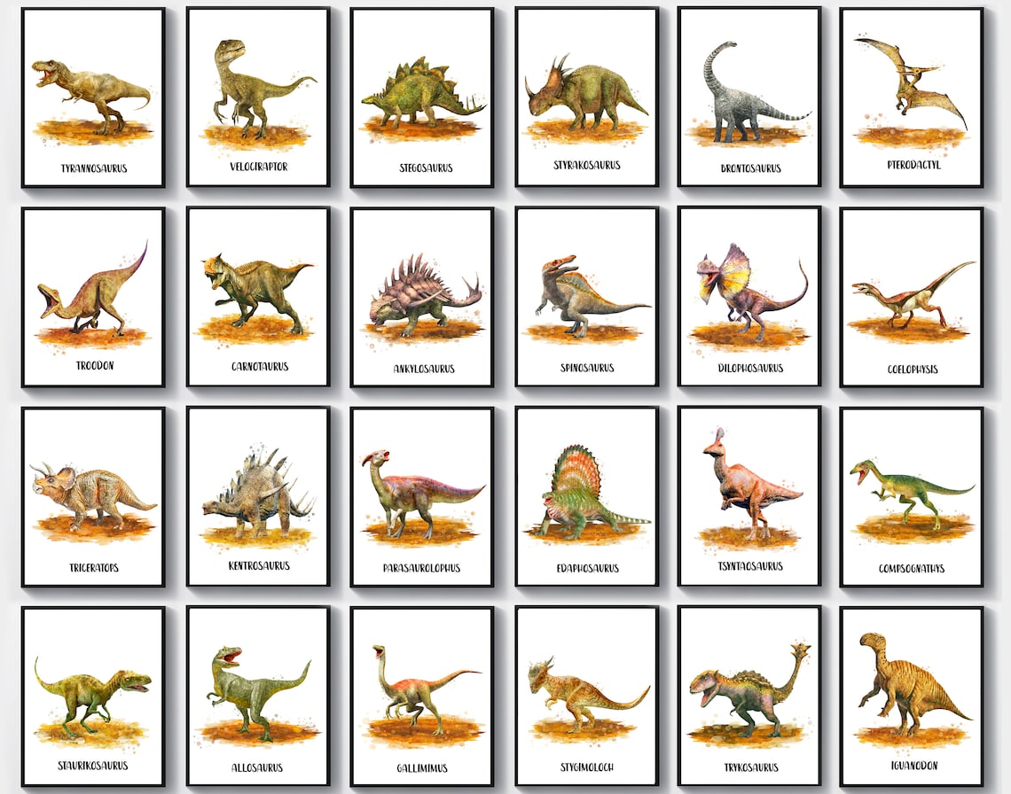 24 Dinosaur Names Posters Watercolor Realistic Dinosaurs Decor Etsy 日本