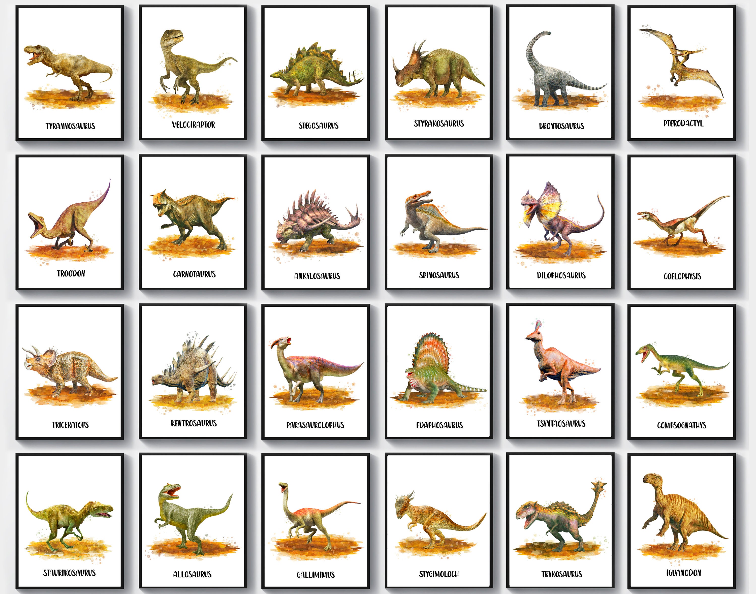Dinosaurs Names Poster Set of 12, Jurassic Dinosaur Art, Watercolor  Dinosaur Print, T-rex, Triceratops, Stegosaurus, Brontosaurus, Kids Room