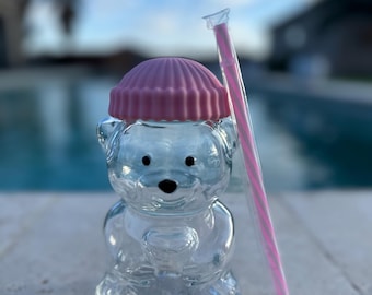 Glass teddy bear 20oz glass cup-Cute iced coffee cup with straw.