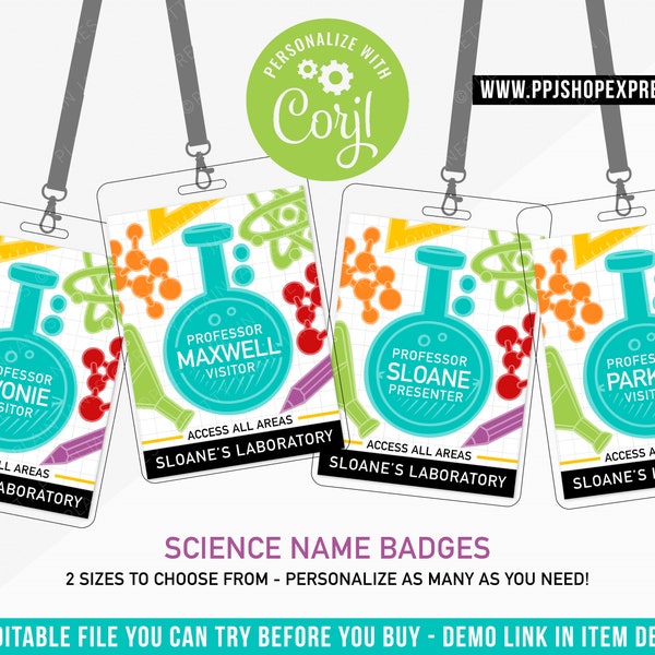 Science Name Badge | Science Birthday Party Nametag | Science Birthday Badge | Mad Scientist Birthday Party | Editable Science Name Badge