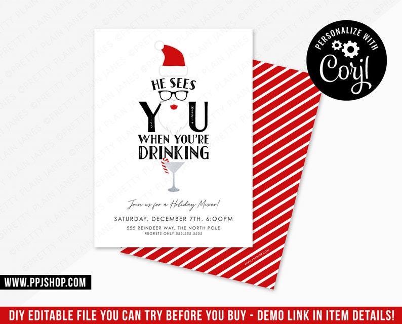 Fun Christmas Party Invitation He Sees You Drinking Etsy