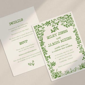 Plantilla de invitación de boda con margaritas vintage: Linograbado botánico de los años 60 (Canva)