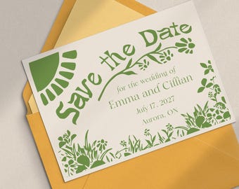 Handmade Retro Linocut Save the Date - Vintage Daisies, 60s, floral, garden, summer, whimsical, boho, cottagecore, Canva Template