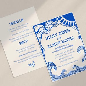 Faire-part de mariage côtier fait main - vagues vintage, linogravure des années 60, mariage sur la plage, groovy, modèle de toile