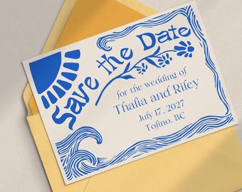 Handmade Coastal Save the Date Template – Vintage Waves, 60s, Canva Template