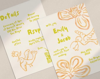 Hand Drawn Boho Wedding Invitation  - Vintage, Doves, Watercolour Illustrations, Canva Template