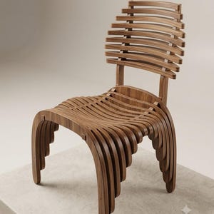 May include: A brown wooden chair constructed from a series of parallel, curved slats that form the seat, backrest, and legs. The design features a continuous, flowing structure where the slats are spaced evenly to create a slatted appearance.