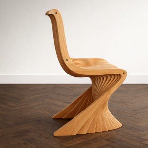 May include: A light-colored wooden chair featuring a continuous, curved silhouette that resembles the neck and head of a bird. The structure is composed of multiple layered, vertical slats that fan out at the base to form a stable, sculptural support.