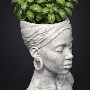May include: A marble-textured planter shaped like a human head with a headwrap and hoop earrings. The planter features a bust of a person with closed eyes and full lips, containing a vibrant green basil plant growing from the top opening.