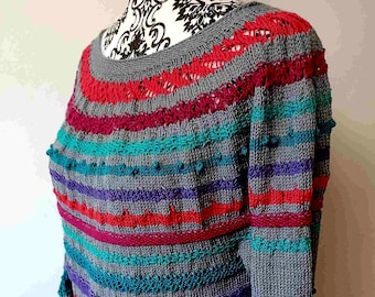 Sampler stitch circular yoke pullover and scarf, knit pattern, to bit bust sizes 34" (88cm) to 50" (127cm)