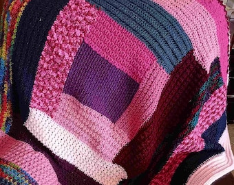 Sampler Log Cabin Blanket Crochet Pattern, reversible, stashbuster,  10 different crochet stitches