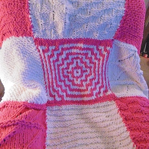 Learn to knit sampler blanket knit pattern, throw afghan bedspread, beginner friendly sampler throw, quick to knit bulky blanket