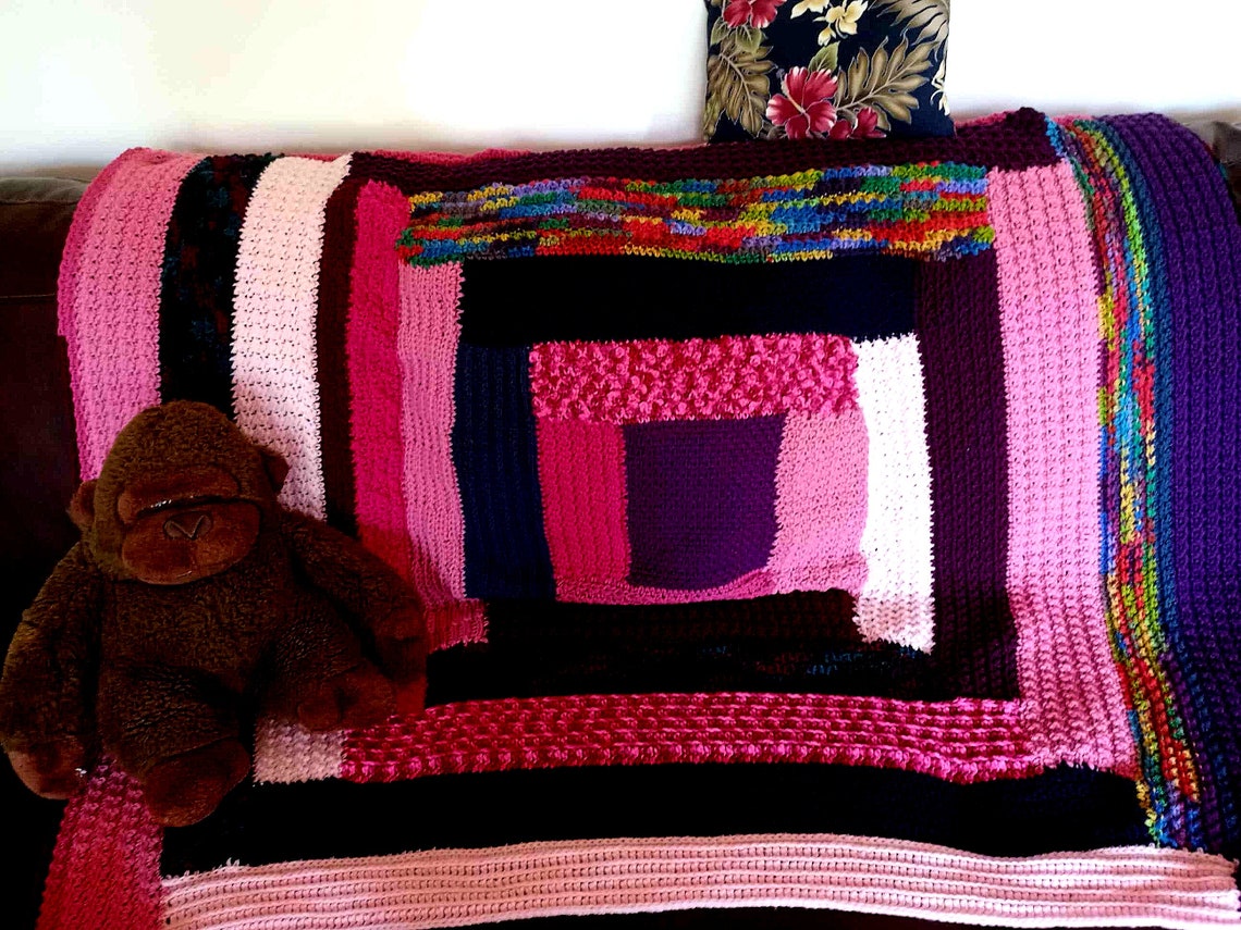 Sampler Log Cabin Blanket Crochet Pattern, Reversible, Stashbuster, 10