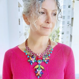 Bead embroidery flower necklace, bohemian women jewelry, ethnic necklace, embroidered bib necklace, unique necklaces for women, gift her
