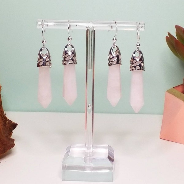 Back In Stock. Natural rose quartz earrings with sterling silver hooks. Pink crystal earrings. Healing crystals. Free UK delivery.