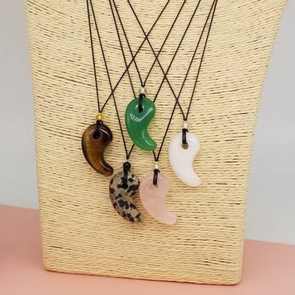 Magatama necklace in Jade, Rose Quartz, Tiger's Eye, White Jade and Dalmation Jasper. Spiritual, meditation, healing.