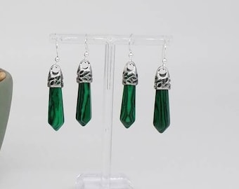 Natural Malachite earrings on real sterling silver ear hooks. Crystal earrings. Healing energy. Green and black. Free UK delivery